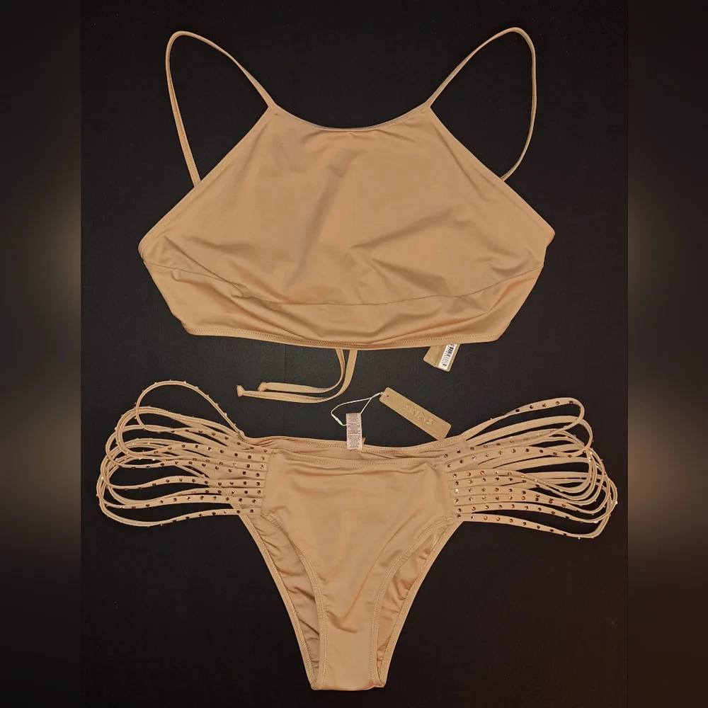⛱️NWT SKIMS 2 Piece High neck top Rhinestone Swim Strappy Bikini Nude OCHRE 4X